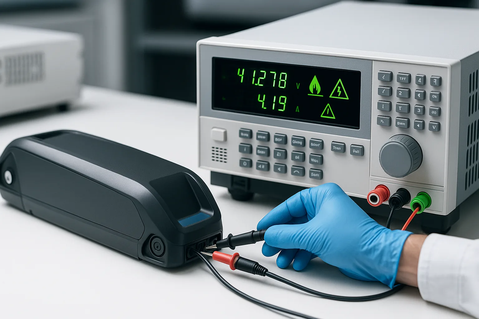 Close-up of e-bike battery undergoing voltage and current testing with digital equipment, highlighting quality control in battery production.