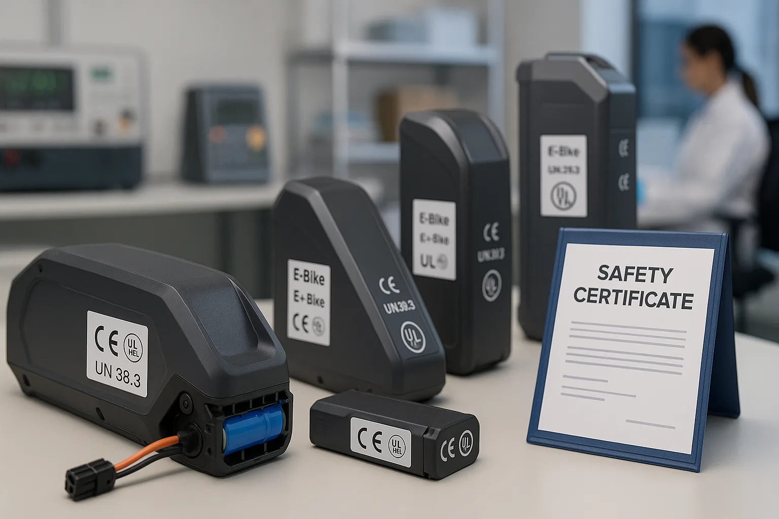 Multiple e-bike batteries displaying CE, UL, and UN 38.3 safety certifications, emphasizing international compliance and product safety.