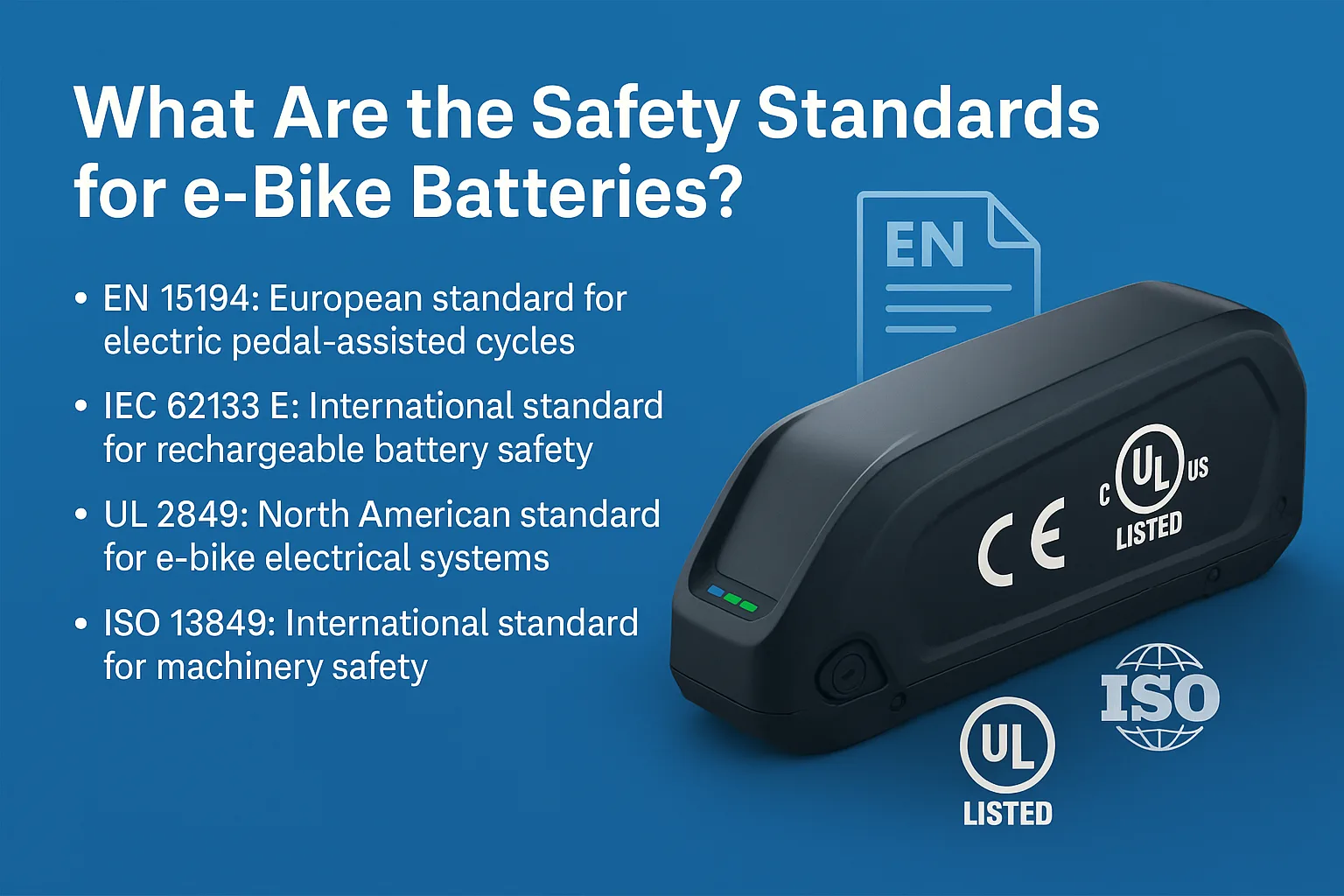 Infographic of an e-bike battery with listed safety standards such as UL, CE, IEC 62133, and ISO, illustrating regulatory compliance for global markets.