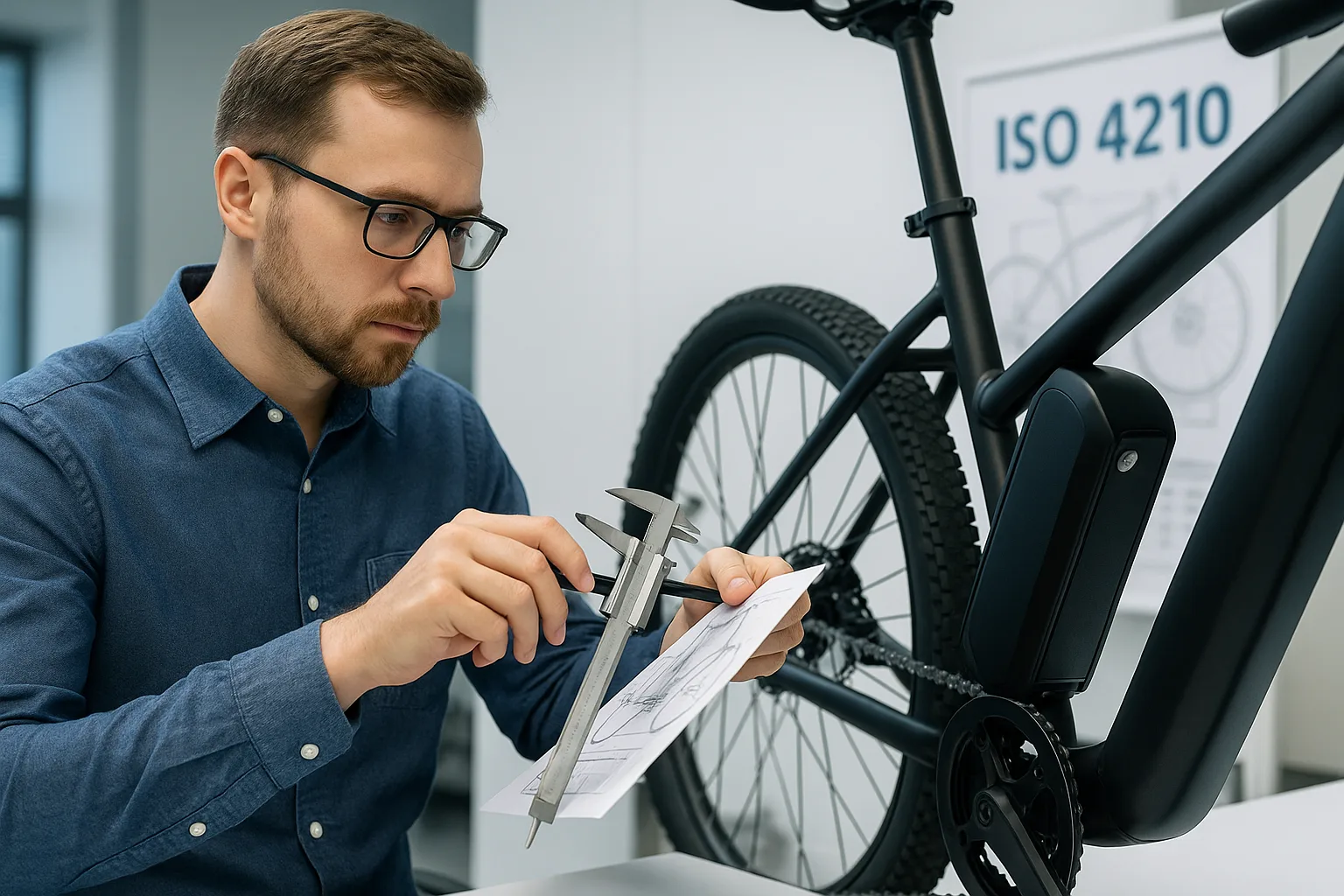 Engineer measuring and evaluating e-bike battery fitment and specifications using precision tools on an electric bike, ensuring ISO compliance.