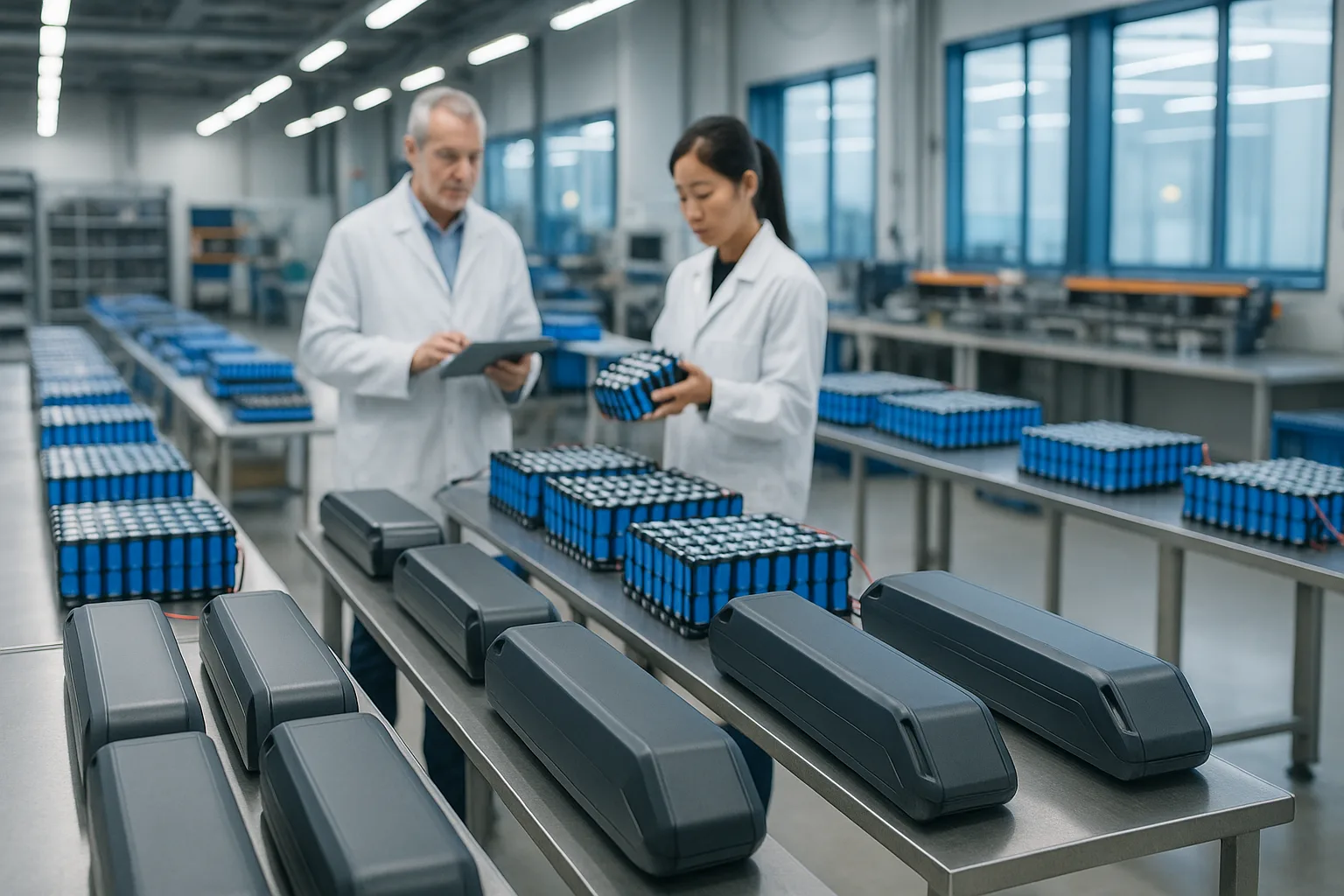 A close-up of certified eBike battery packs on a stainless steel workbench, with visible quality certification labels (such as CE, UN38.3, UL) attached to the battery casings. In the background, a quality control engineer in a lab coat reviews documentation in a modern battery laboratory, under bright and professional lighting. 16:9 aspect ratio, no text.