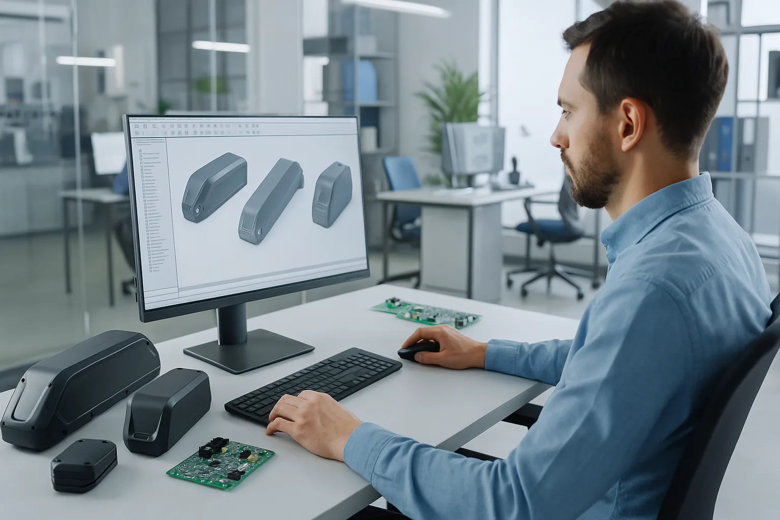 A customer service expert in a modern office, talking on a headset, with technical diagrams of eBike batteries on a large screen behind them, suggesting fast and professional support. 16:9, no text.
