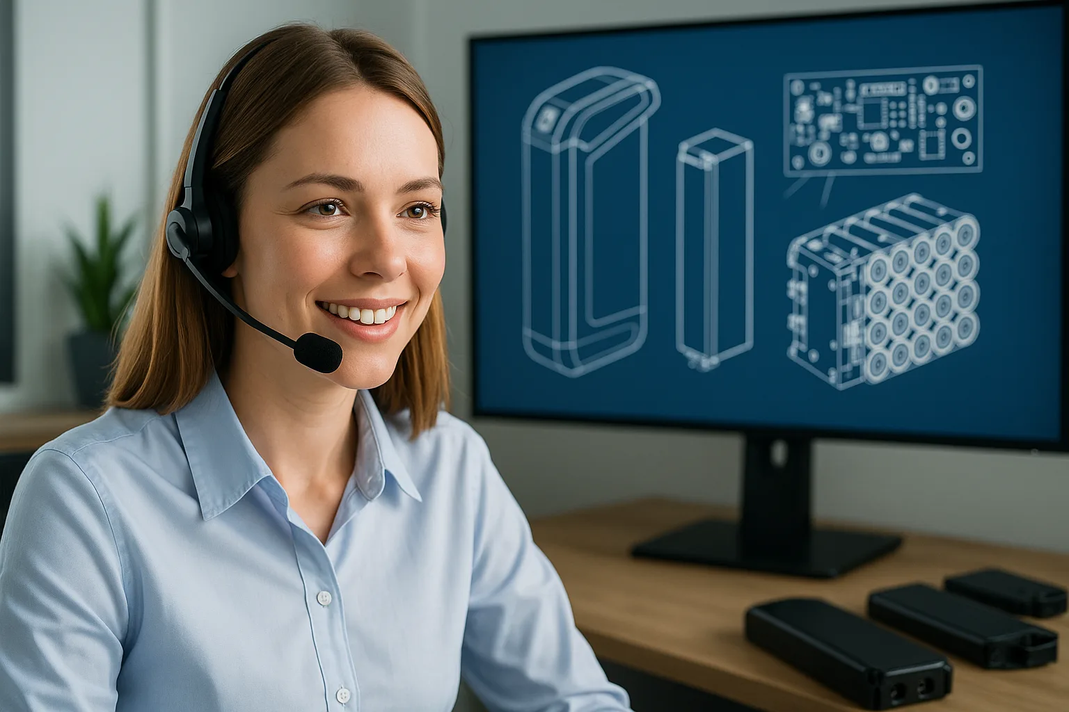 A high-resolution digital photograph features a young customer service expert in a modern office, wearing a headset. Behind them, a flat-screen monitor displays technical diagrams of eBike batteries, including circuit layouts and battery pack schematics. The workspace is bright, clean, and professional, suggesting efficient and knowledgeable support. 16:9 aspect ratio, no text.