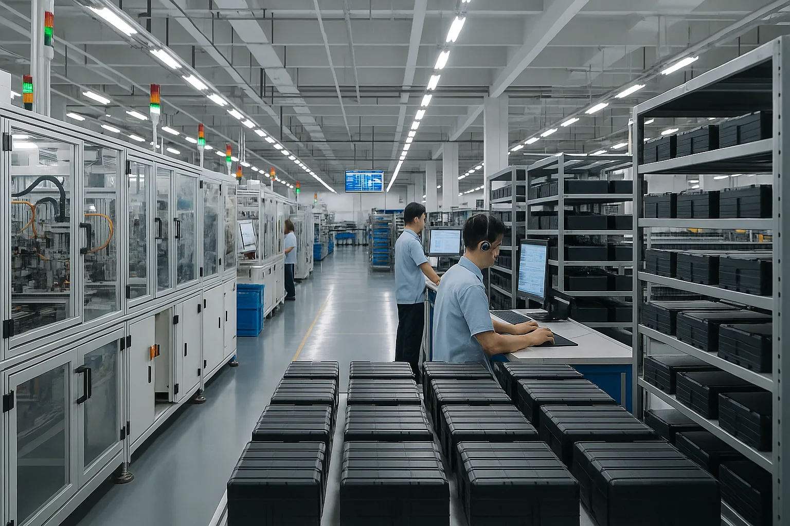 A high-resolution digital photograph shows a spacious, advanced eBike battery production facility with automated assembly lines, shelves filled with finished battery packs, and staff working at computer terminals to monitor production. The scene is bright, organized, and emphasizes large-scale manufacturing. 16:9, no text.