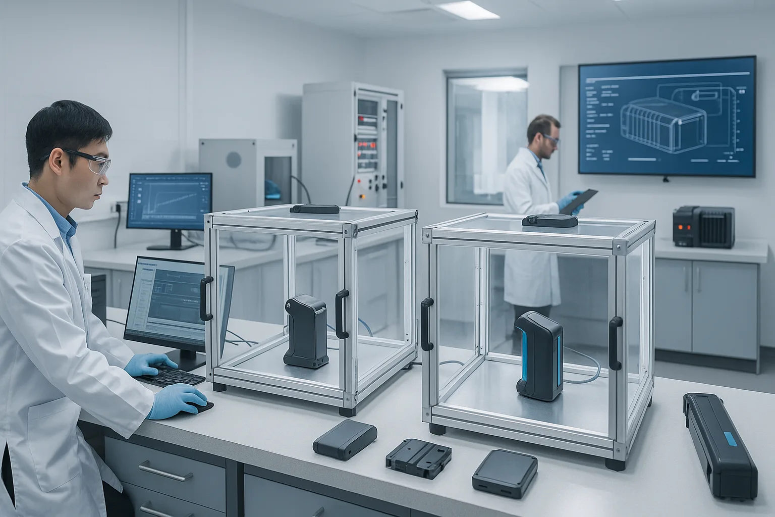 Technician conducting advanced safety and performance tests on e-bike batteries in a modern laboratory, with specialized equipment and data analysis.