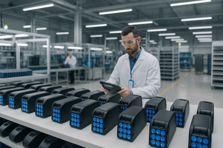 A high-resolution photograph showcases an e-bike battery manufacturing facility in full daylight, with neatly arranged blue lithium-ion battery packs on a long, white worktable in the foreground. A male engineer, focused on inspecting a battery pack, is seen in the middle ground, while a second engineer works at a computer in the background, all within a spacious, well-lit facility featuring automated assembly lines and industrial equipment visible throughout.