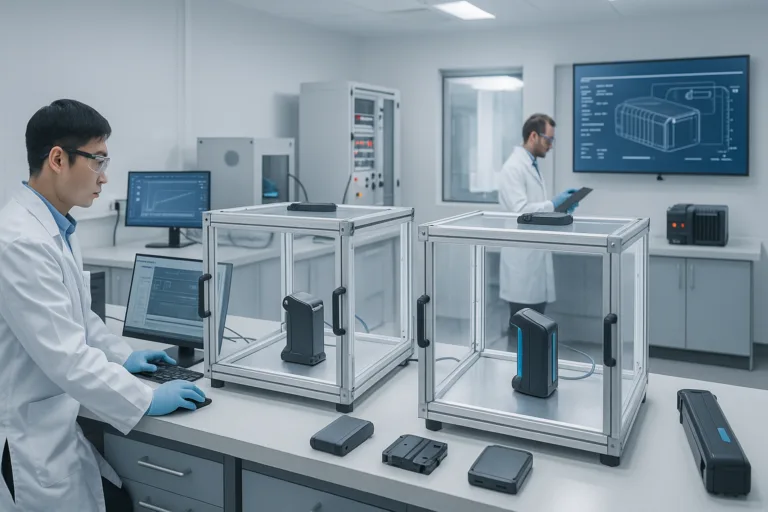 Technician conducting advanced safety and performance tests on e-bike batteries in a modern laboratory, with specialized equipment and data analysis.