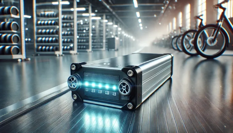 Close-up of a modern eBike lithium-ion battery pack with glowing lights in a clean industrial environment.