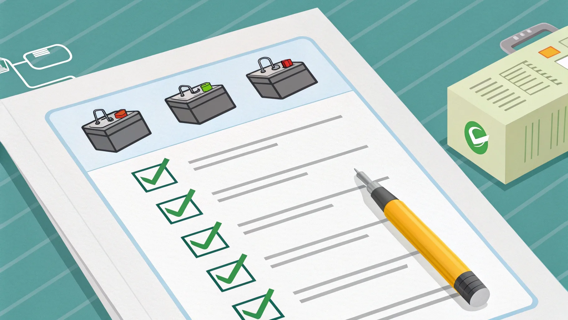 Illustration of a battery checklist with different battery types and checkmarks.