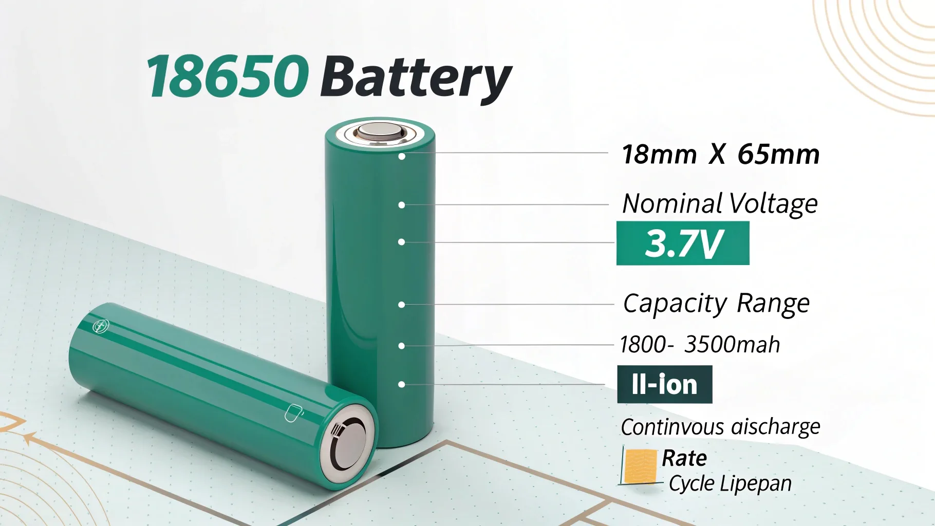 Detailed illustration of 18650 battery with specifications like voltage, capacity, and continuous discharge rate.
