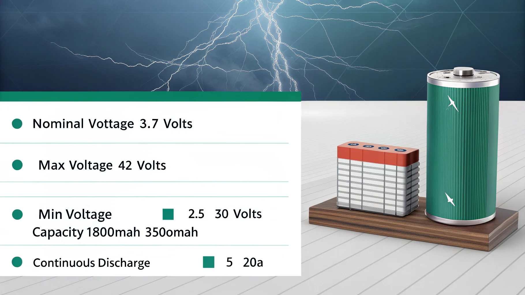 Detailed technical specifications of a lithium-ion battery with key data points like voltage, capacity, and continuous discharge rate.