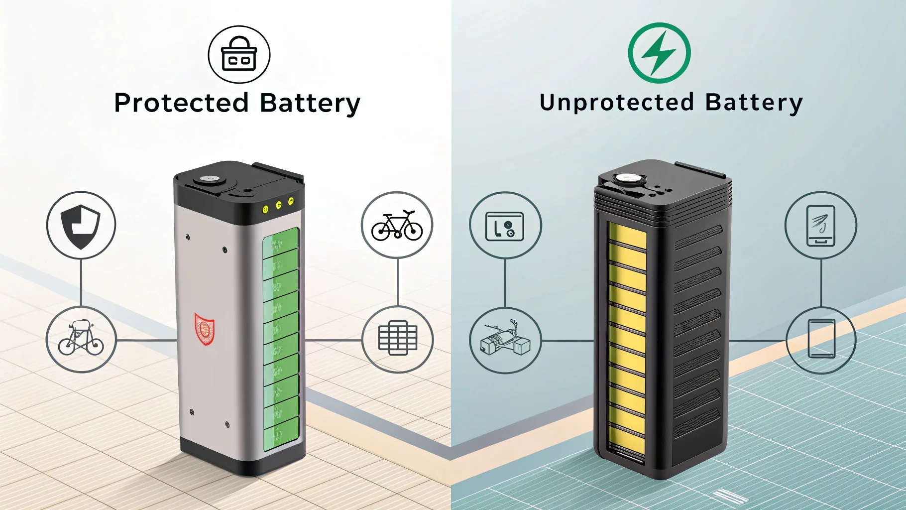 Side-by-side comparison of a protected and an unprotected battery with icons representing their uses.