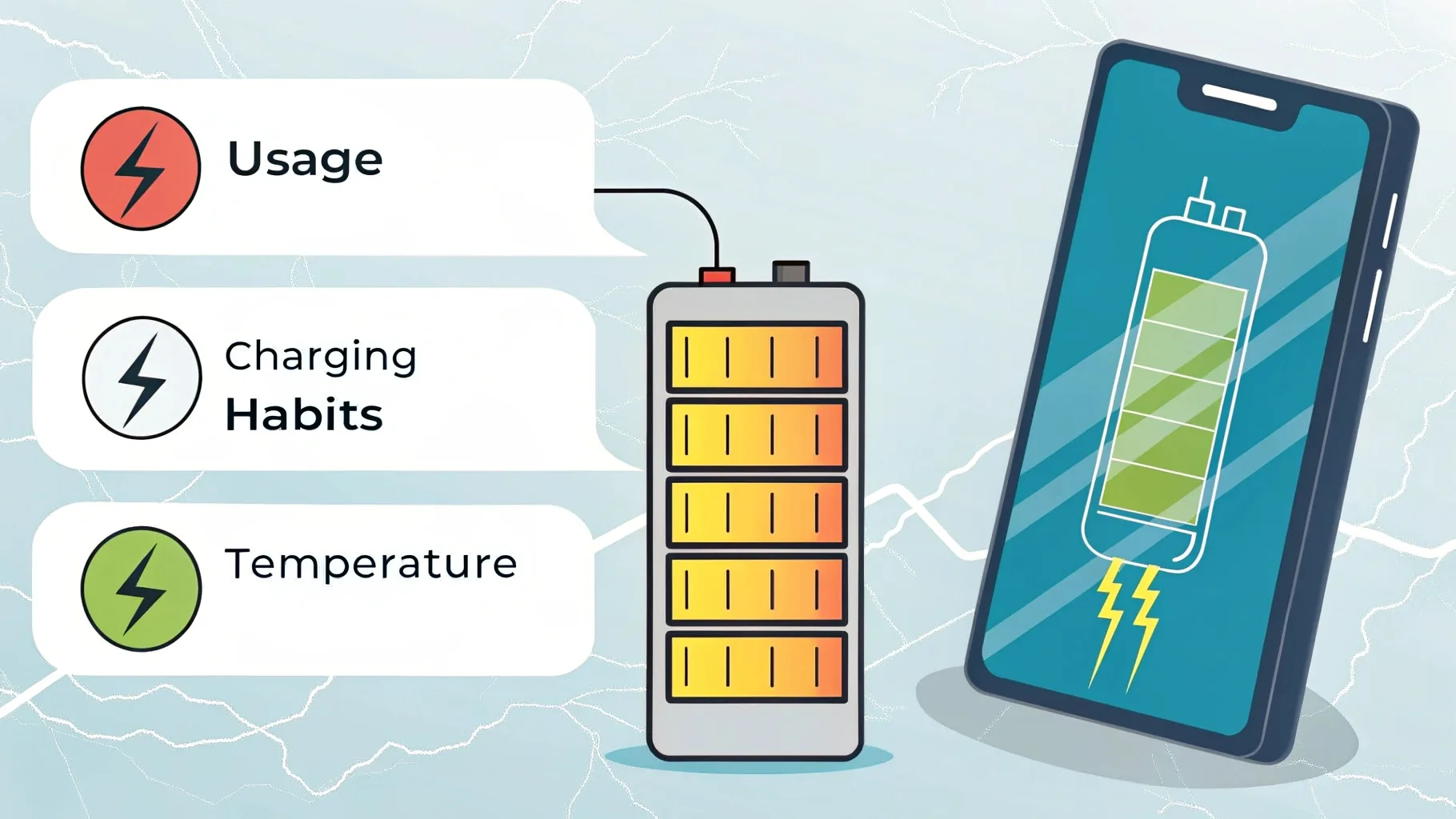 Illustration showing three main factors influencing battery life: usage, charging habits, and temperature.