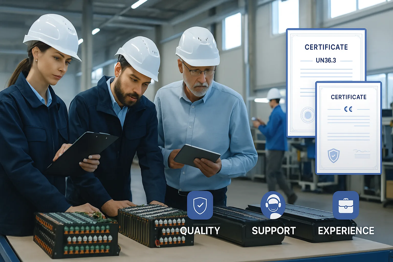 Engineers inspecting ebike battery packs in a factory with visible UN38.3 and CE certificates; icons for quality, support, and experience.