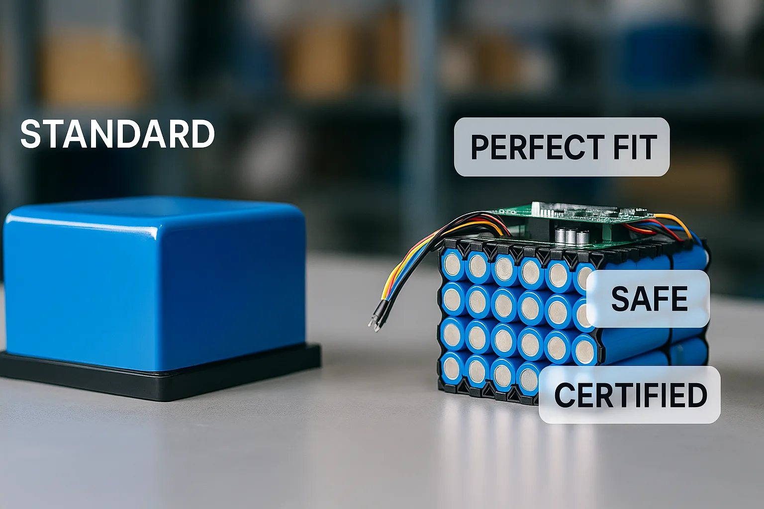 Side-by-side comparison of a sealed standard battery and an open custom lithium battery with labeled features.