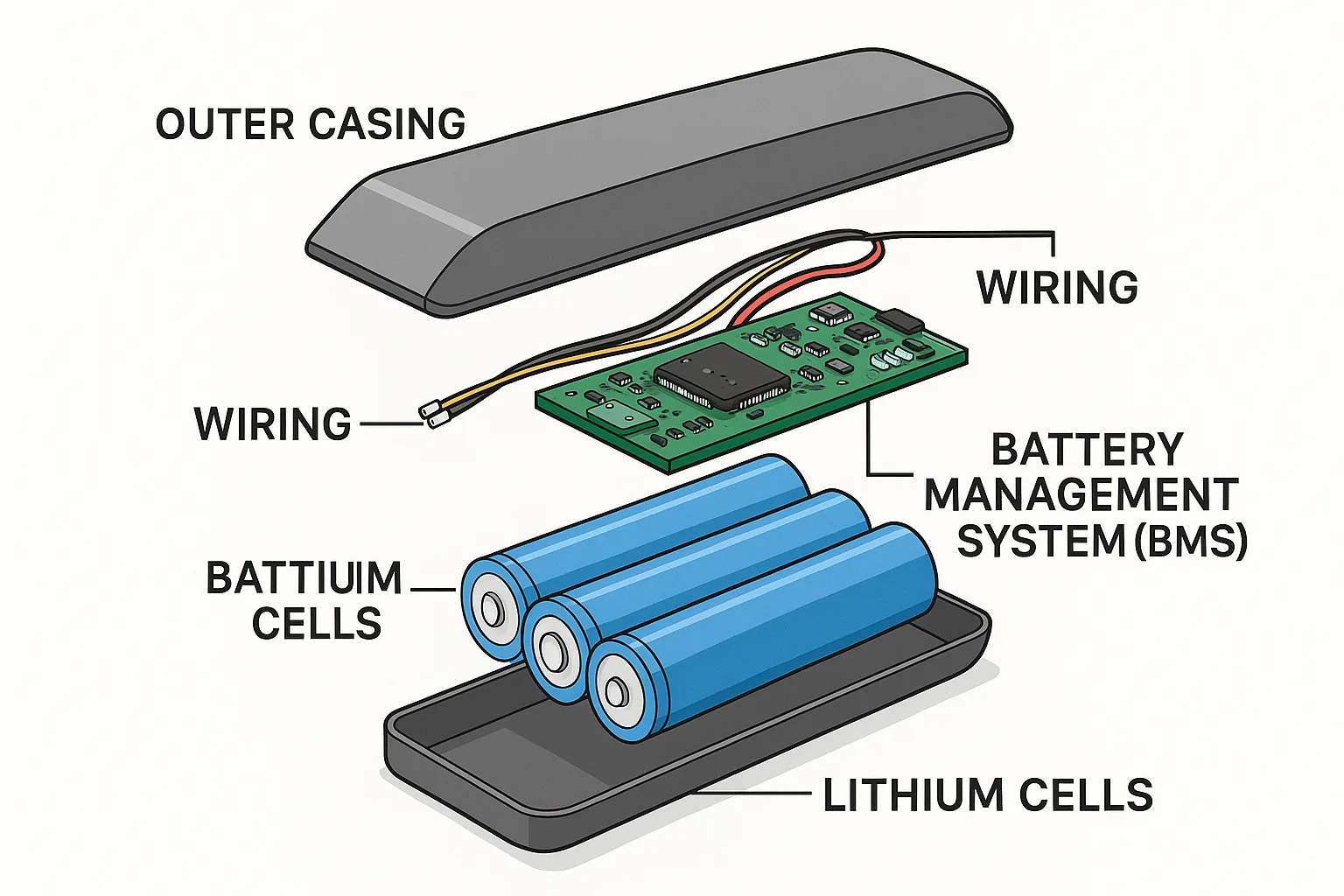 Exploded view of an e-bike battery pack showing lithium cells, BMS board, wiring, and outer casing.