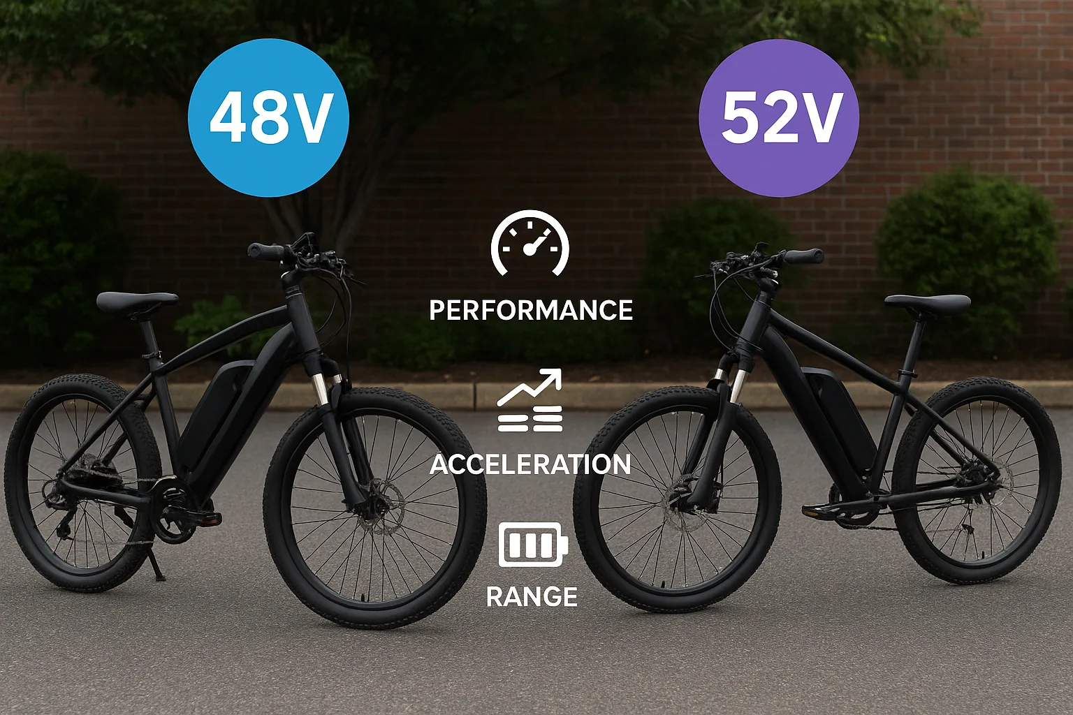 Two e-bikes side by side labeled 48V and 52V with icons for performance, acceleration, and range.