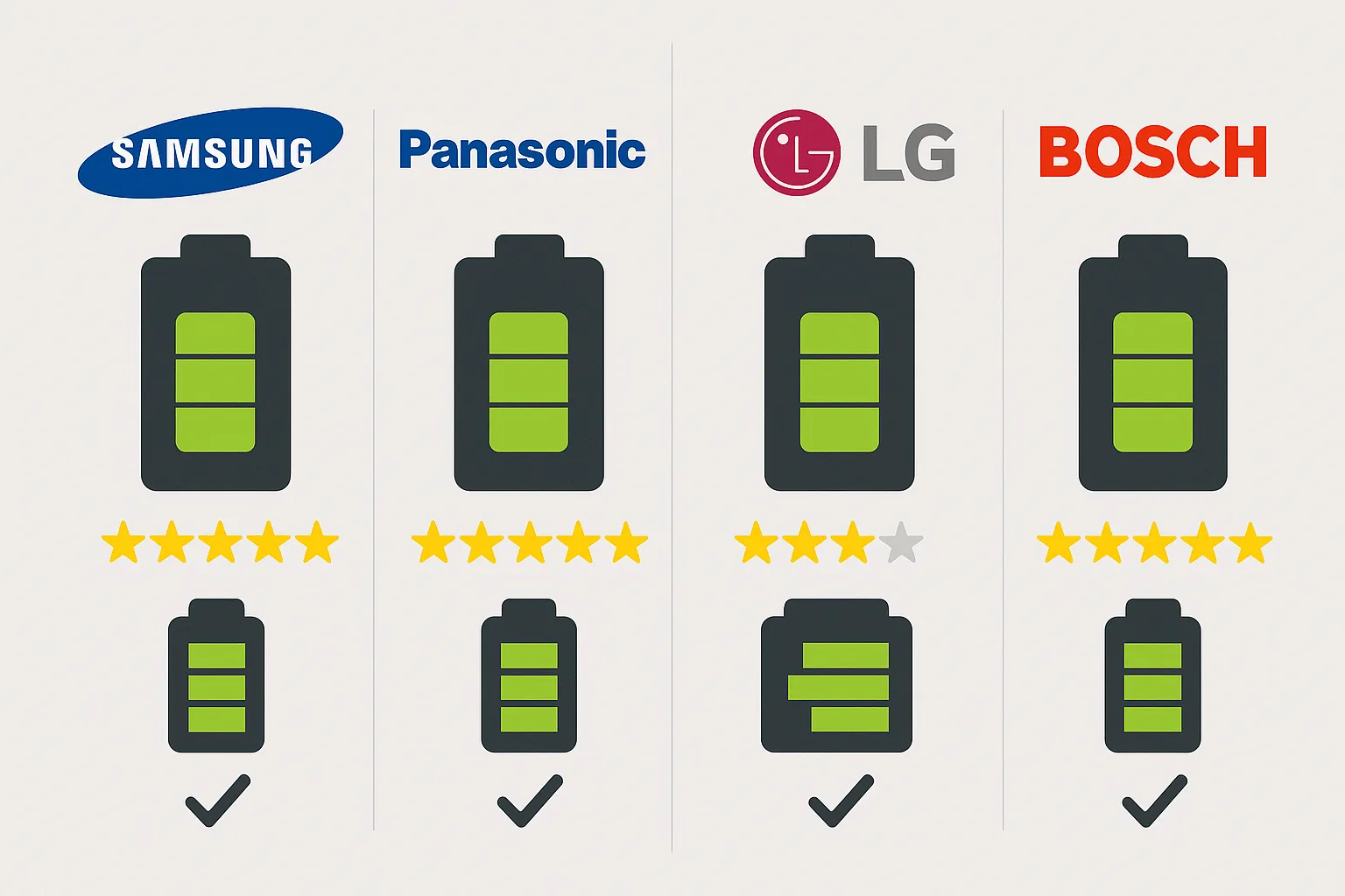 Infographic comparing Samsung, Panasonic, LG, and Bosch battery brands using icons and star ratings.
