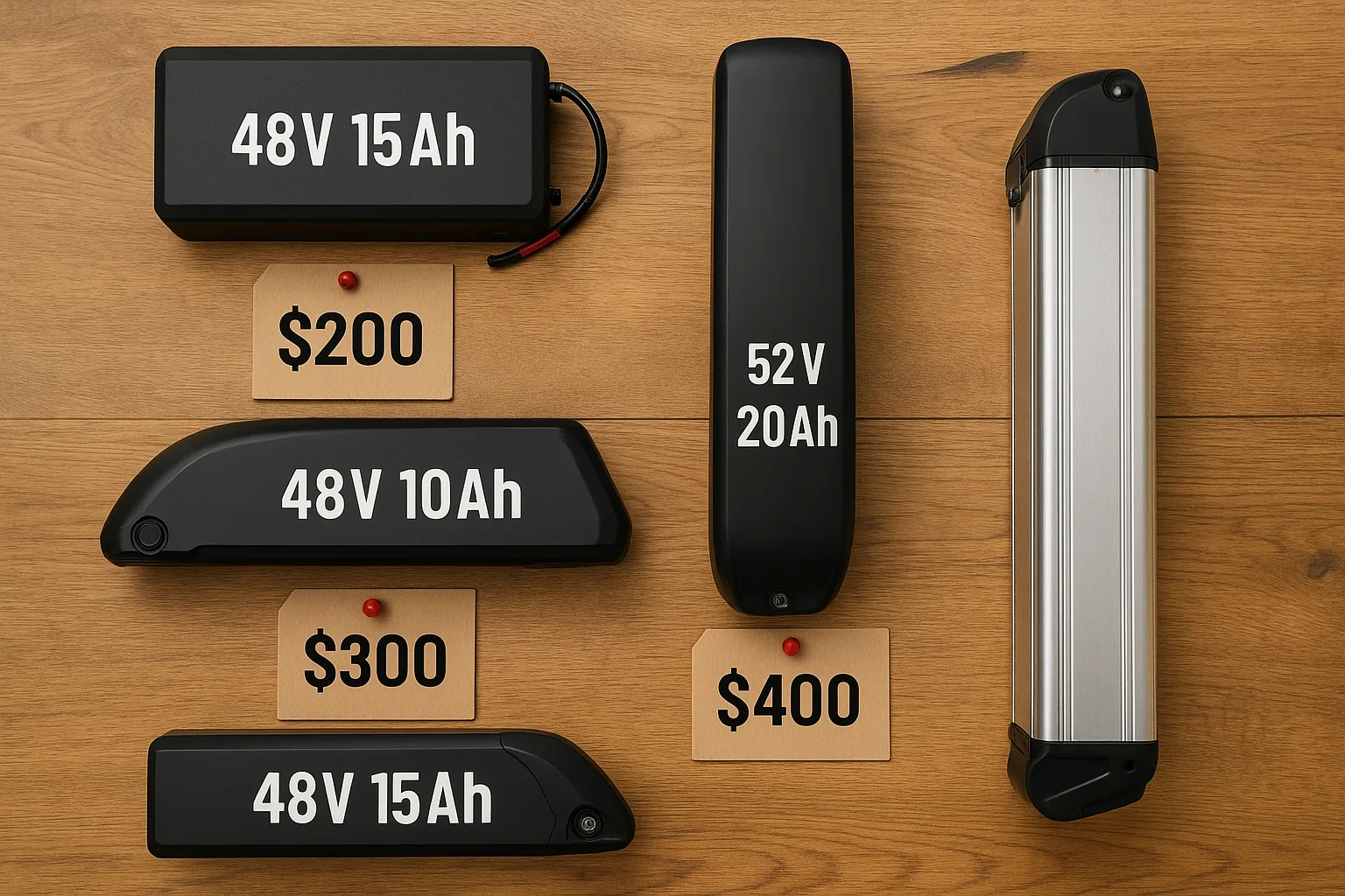 A flat-lay of various ebike battery packs labeled with specs like 48V 15Ah, 52V 20Ah, and prices shown on tags, arranged neatly on a wooden table – clean, product-focused image.