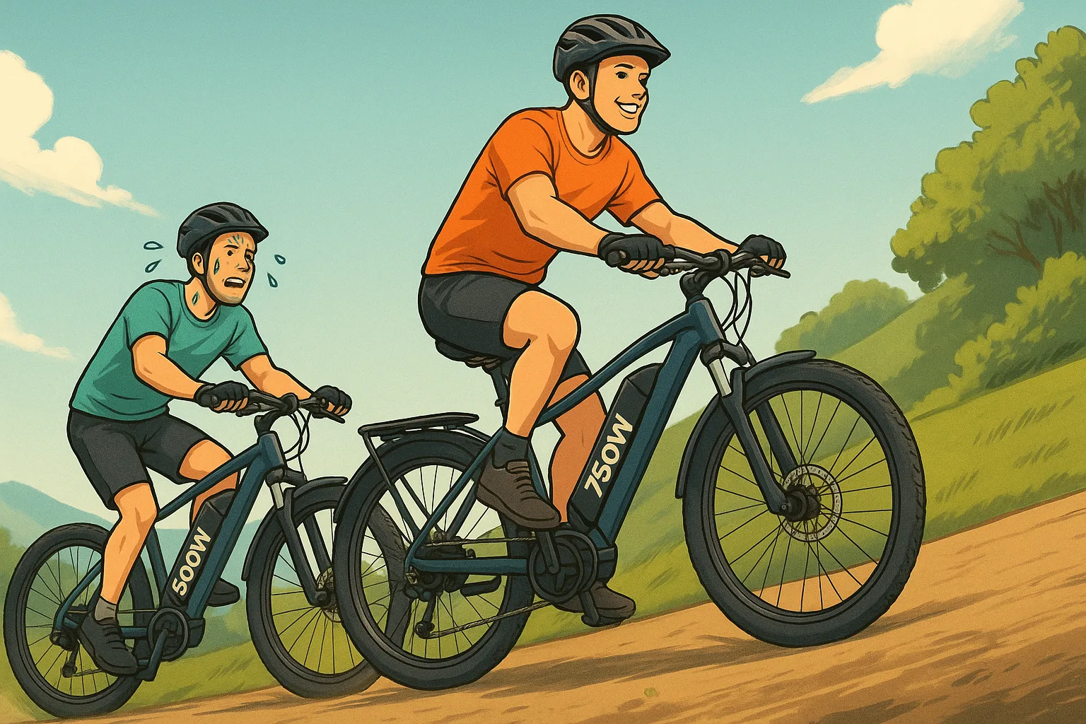 Illustration of two riders on e-bikes, one on a 500W motor struggling uphill, the other on a 750W motor riding easily.