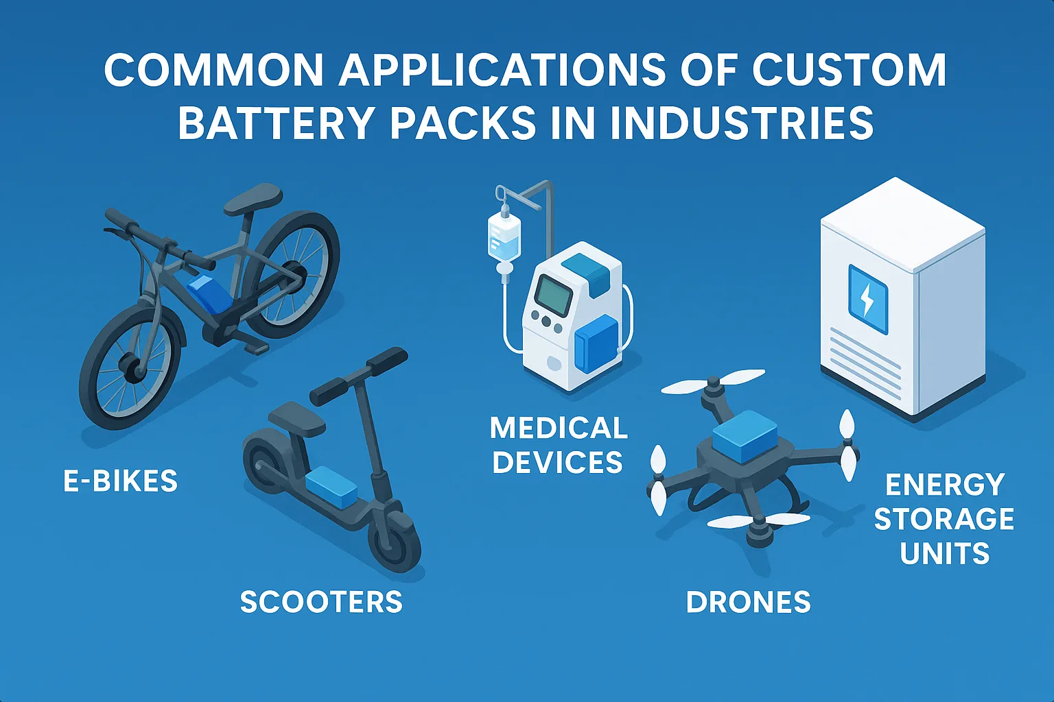 Infographic showing common industrial applications of custom battery packs, including e-bikes, scooters, medical devices, drones, and energy storage units.