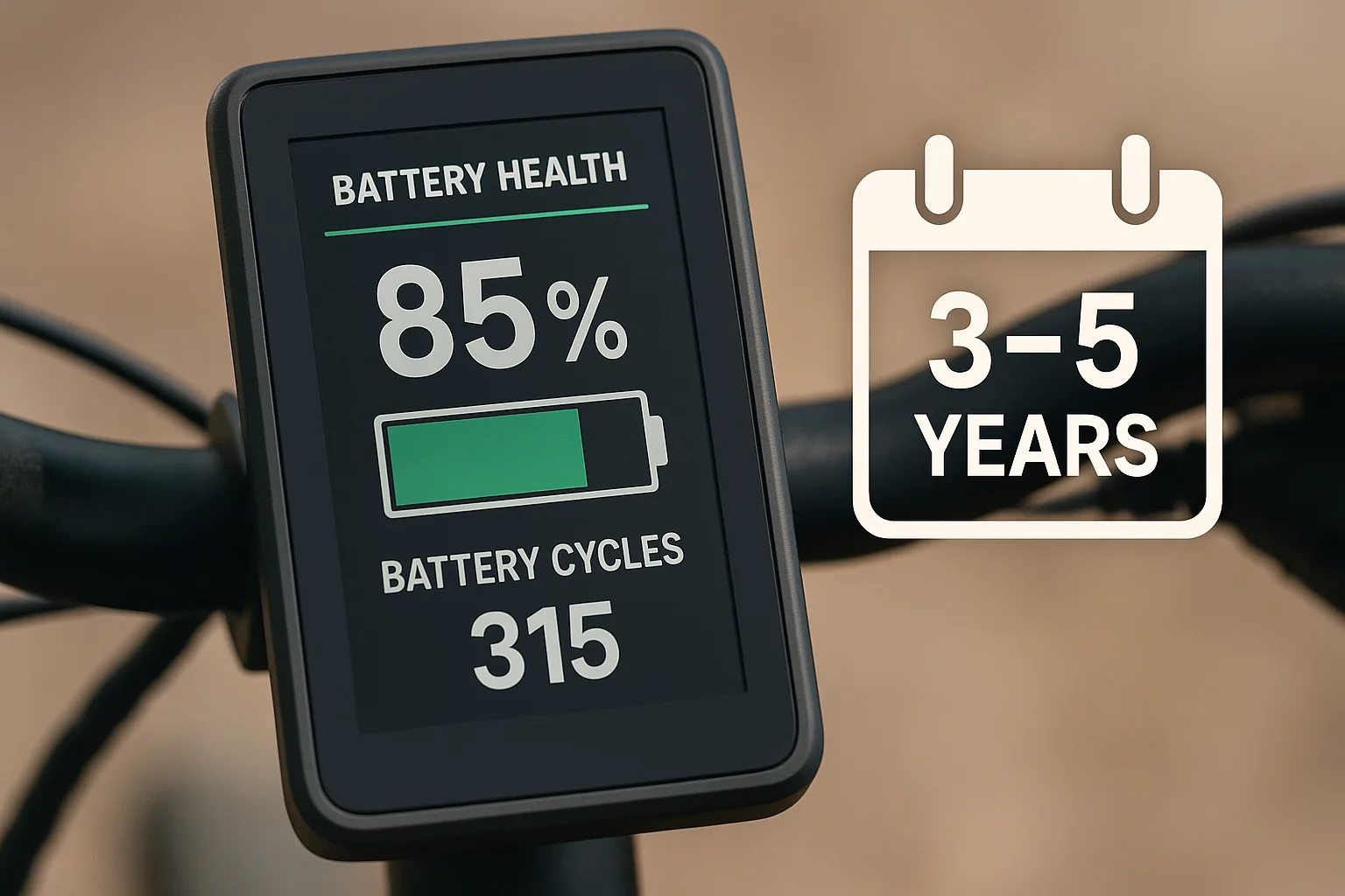 Close-up of an e-bike display showing 85% battery health, 315 battery cycles, and a lifespan of 3–5 years