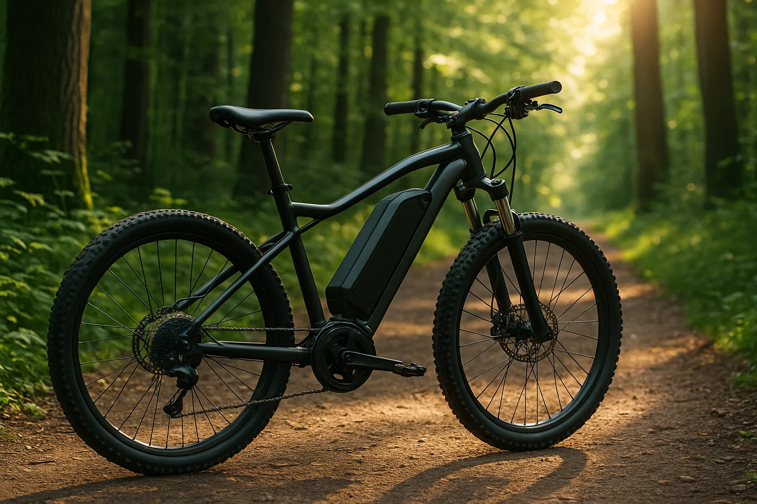 A modern electric bike parked on a trail with its battery prominently visible, under natural daylight, symbolizing freedom and power.