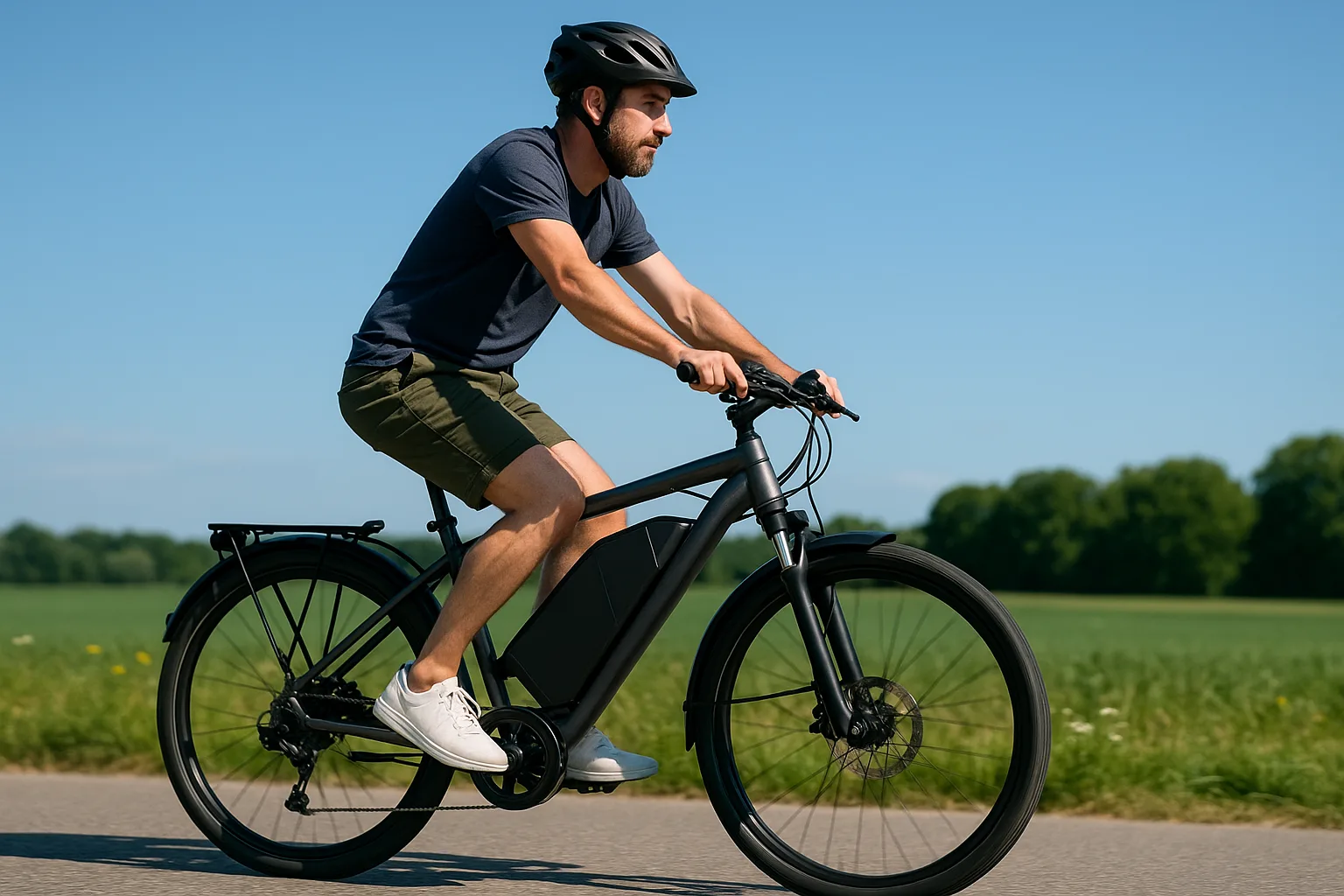 Man riding electric bicycle on sunny day