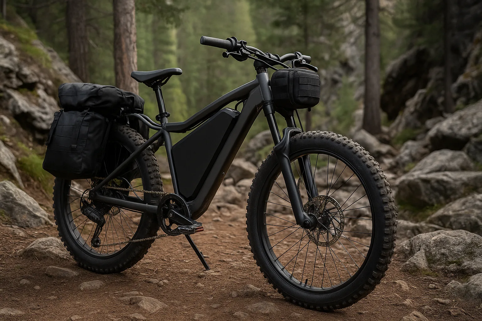 Mountain bike on forest trail with panniers.