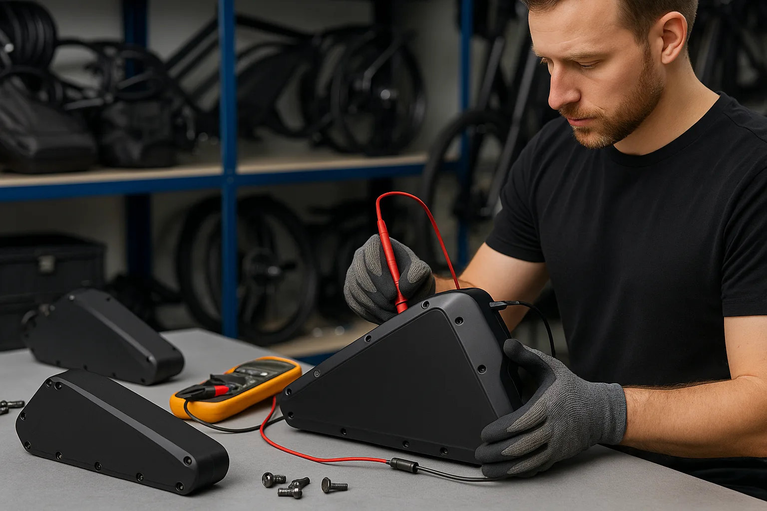 Technician testing electronic device with multimeter.