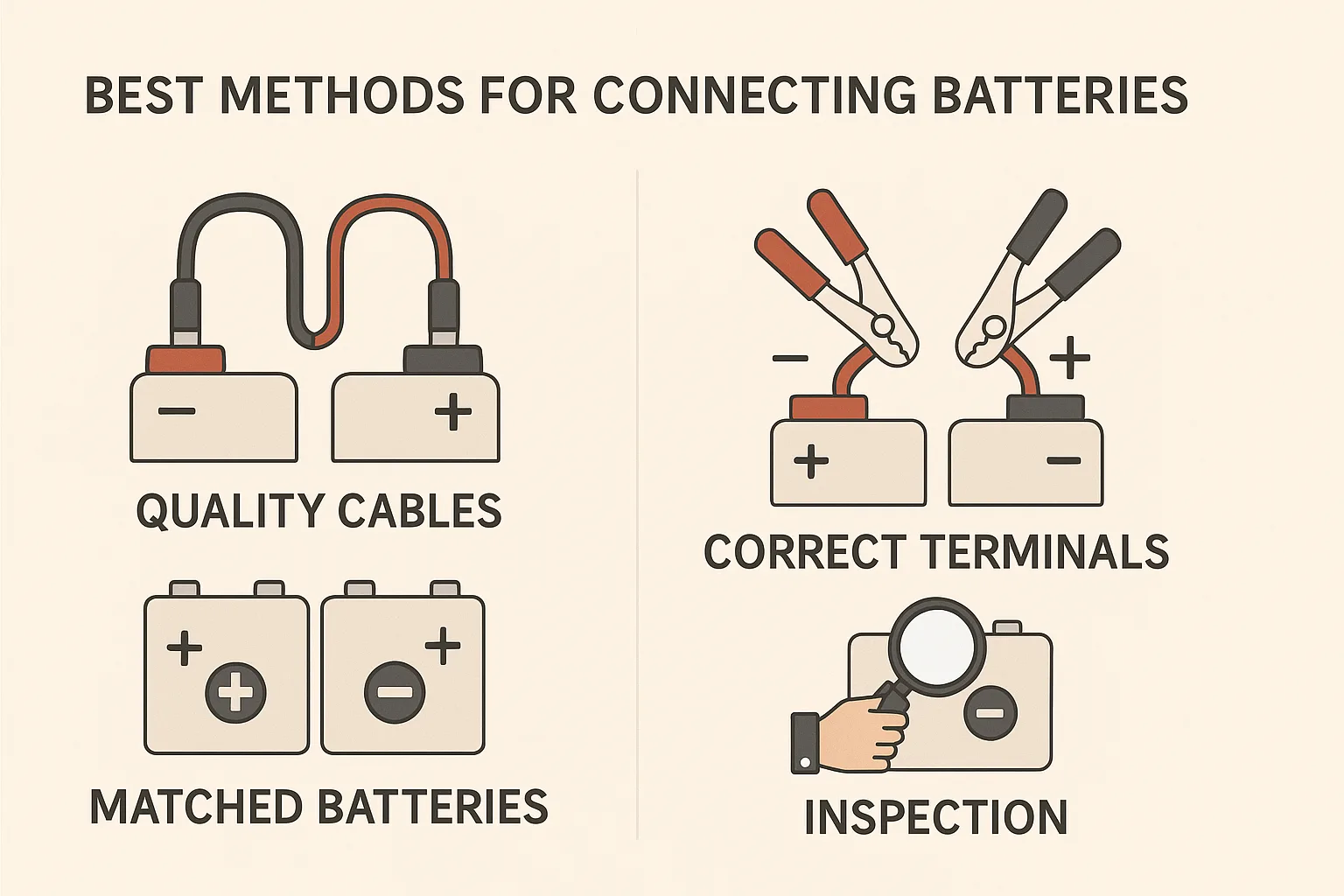  Infographic illustrating battery connection best practices: using quality cables, matched batteries, correct terminals, and inspection.