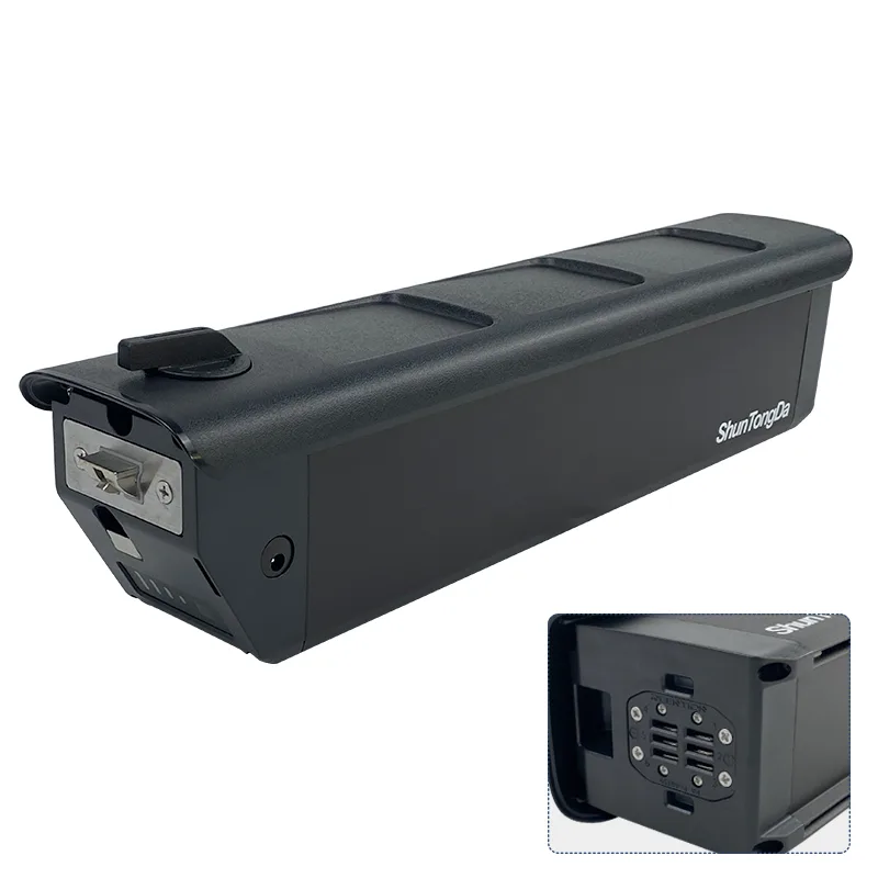 Black electric bike battery, close-up of connector.