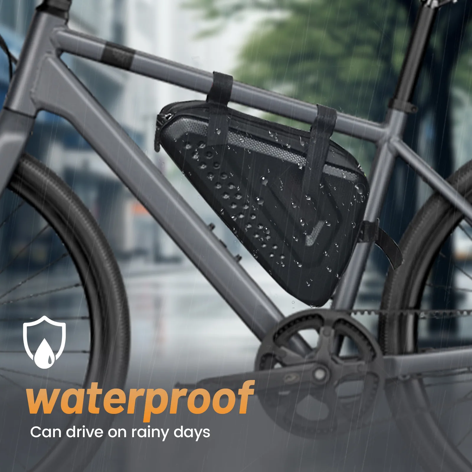 Waterproof bike bag attached, suitable for rainy rides.