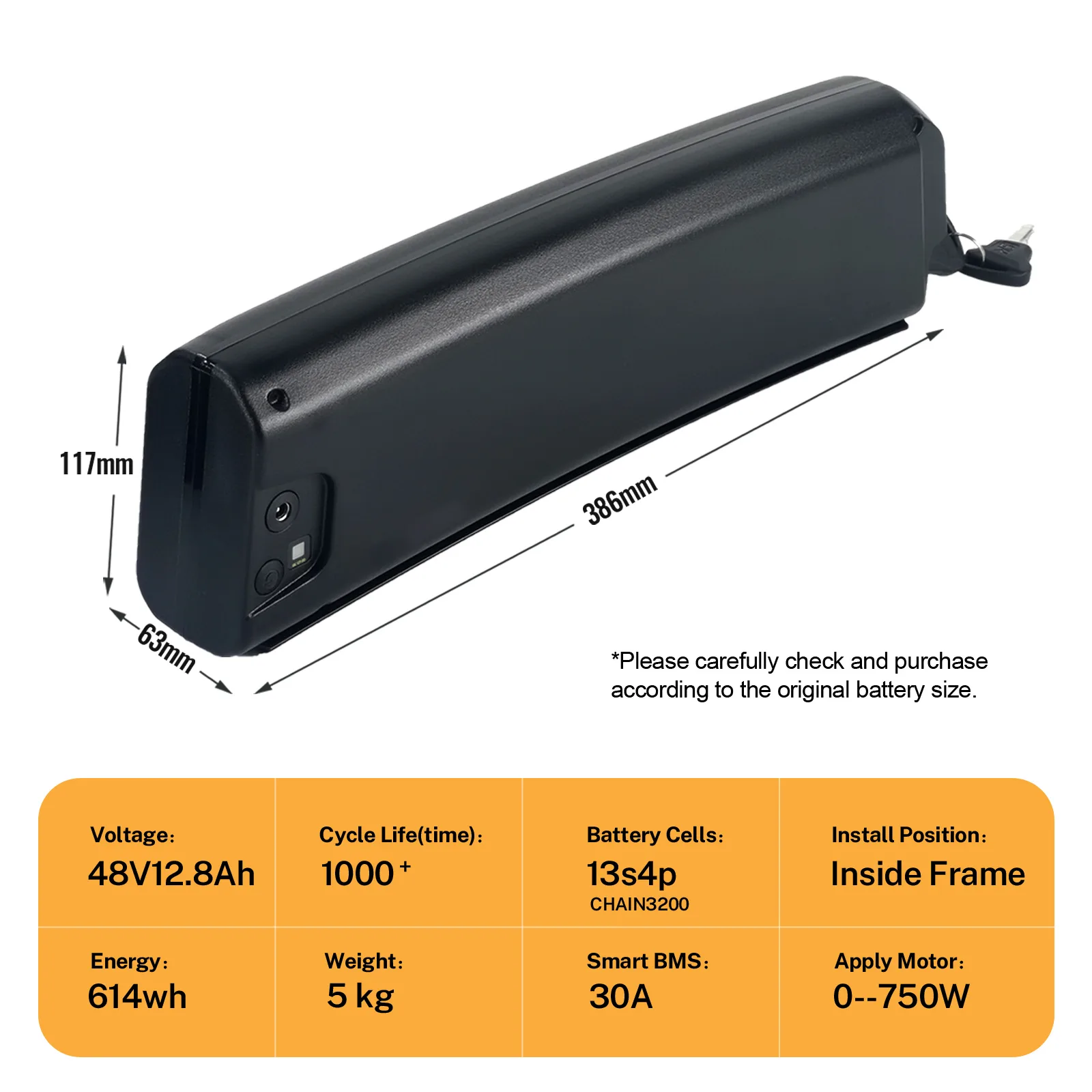 E-bike battery dimensions and specifications chart.