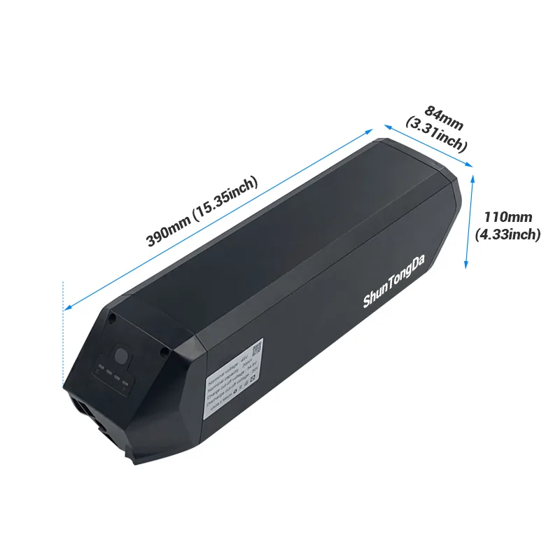 Black battery pack with dimensions labeled.