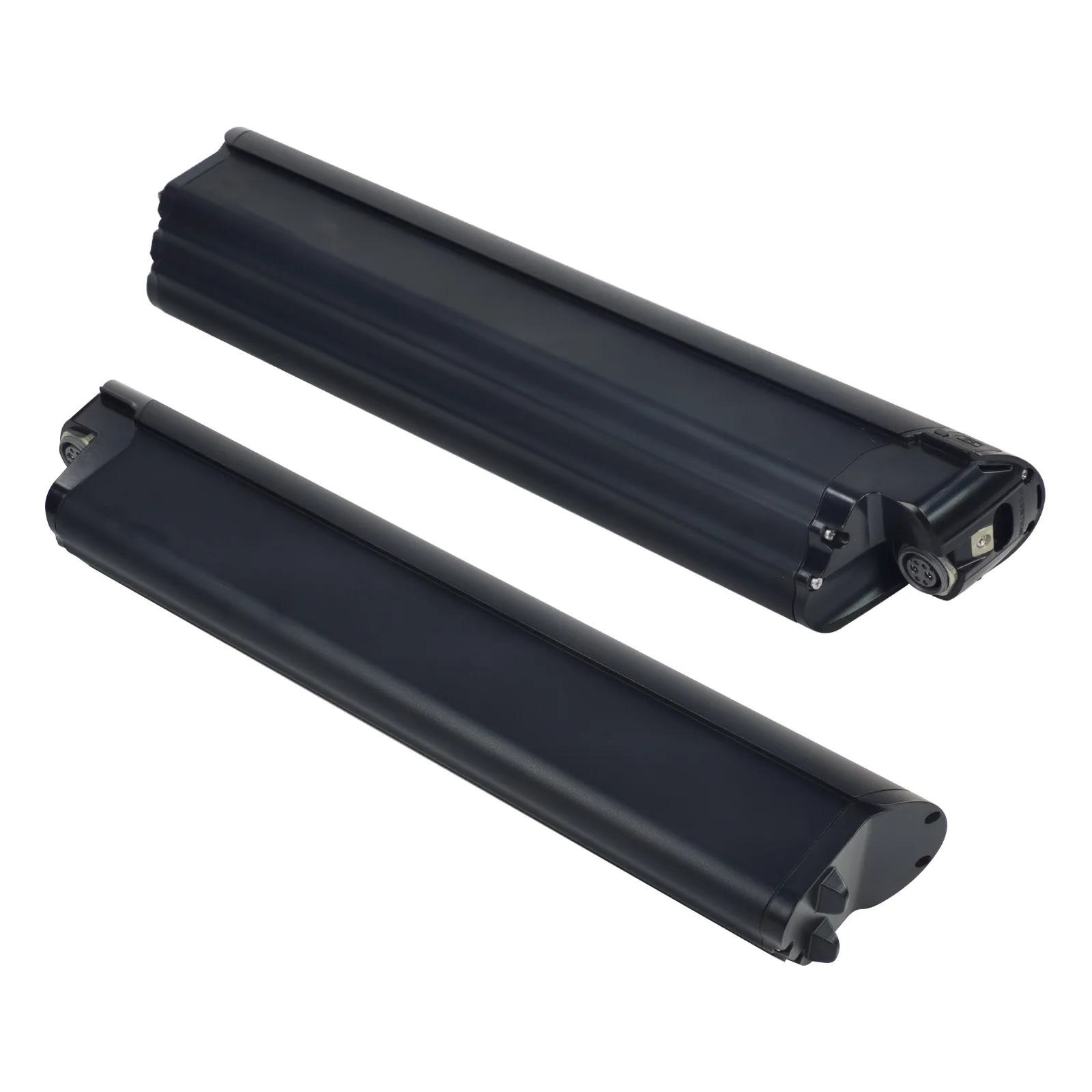 Two black electric bike batteries on white background.