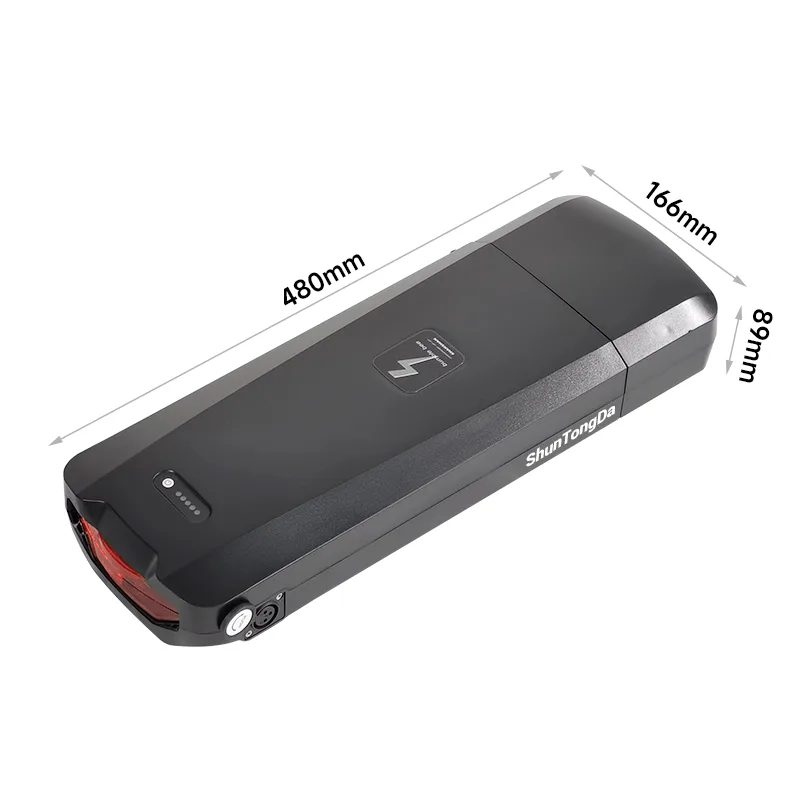 Black e-bike battery with dimensions labeled.