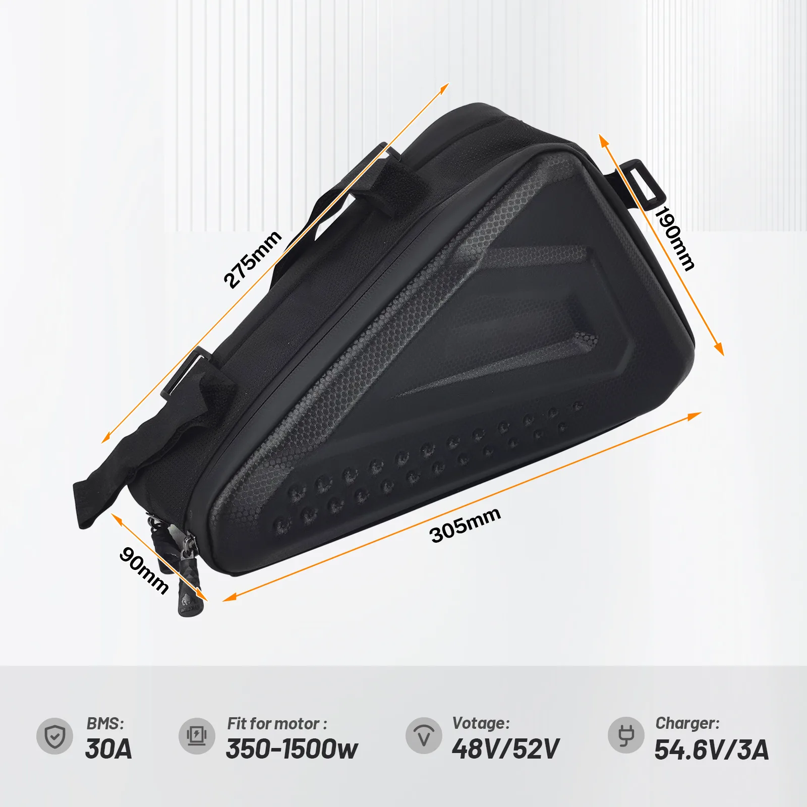 Black triangular bike battery bag with dimensions labeled.