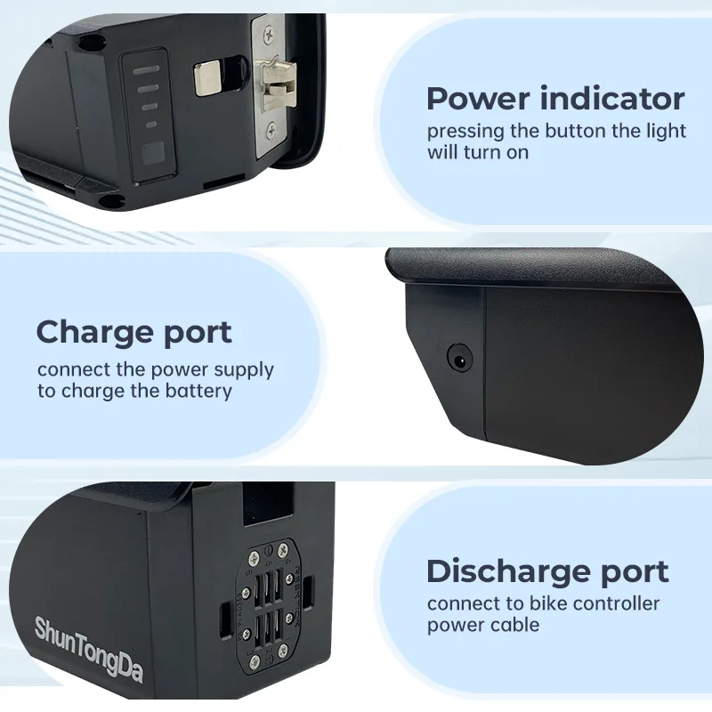 E-bike battery with power, charge, discharge ports.