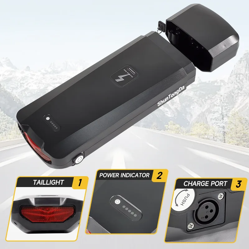 E-bike battery with taillight, power indicator, charge port.