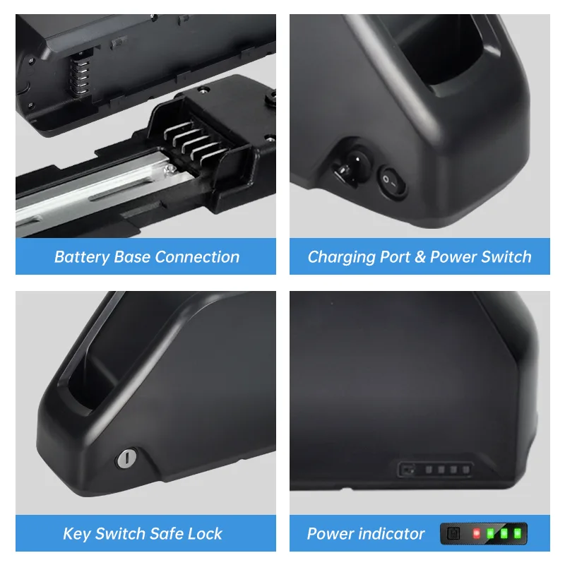 Battery features: connection, charging, lock, and indicator.