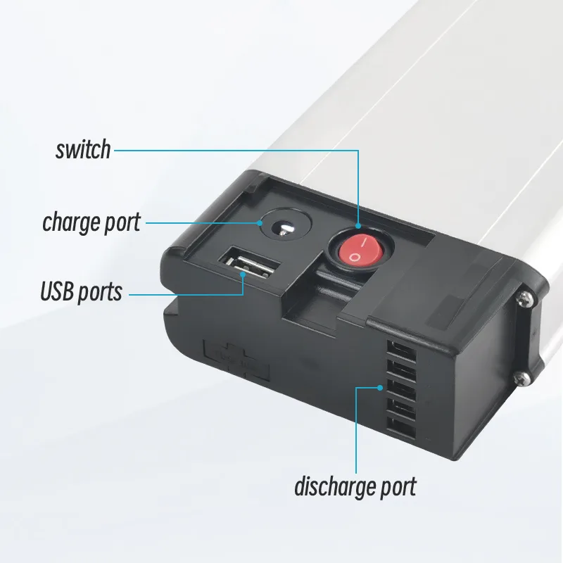 Battery pack with switch and ports labeled