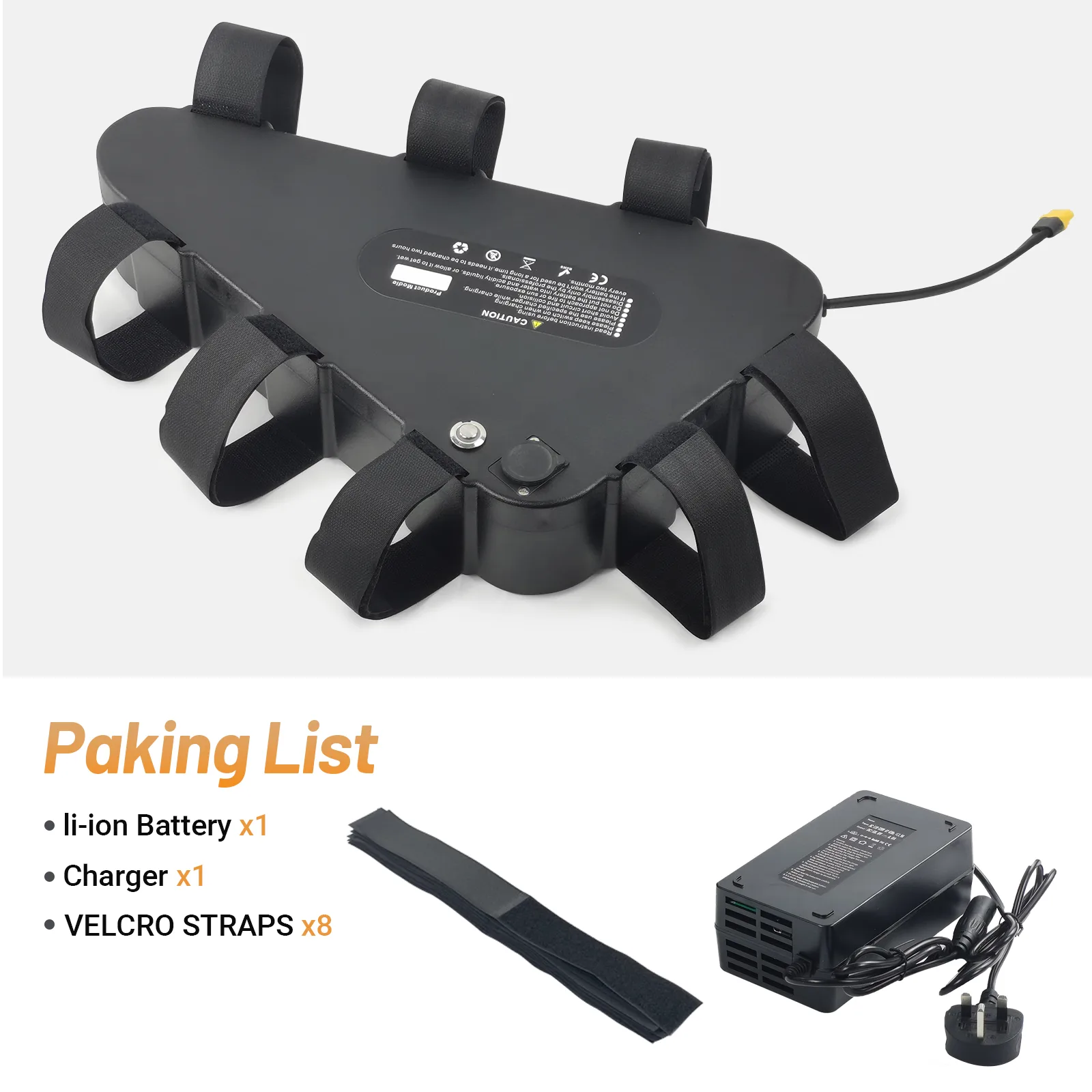 Triangle battery with straps, charger, and Velcro straps.