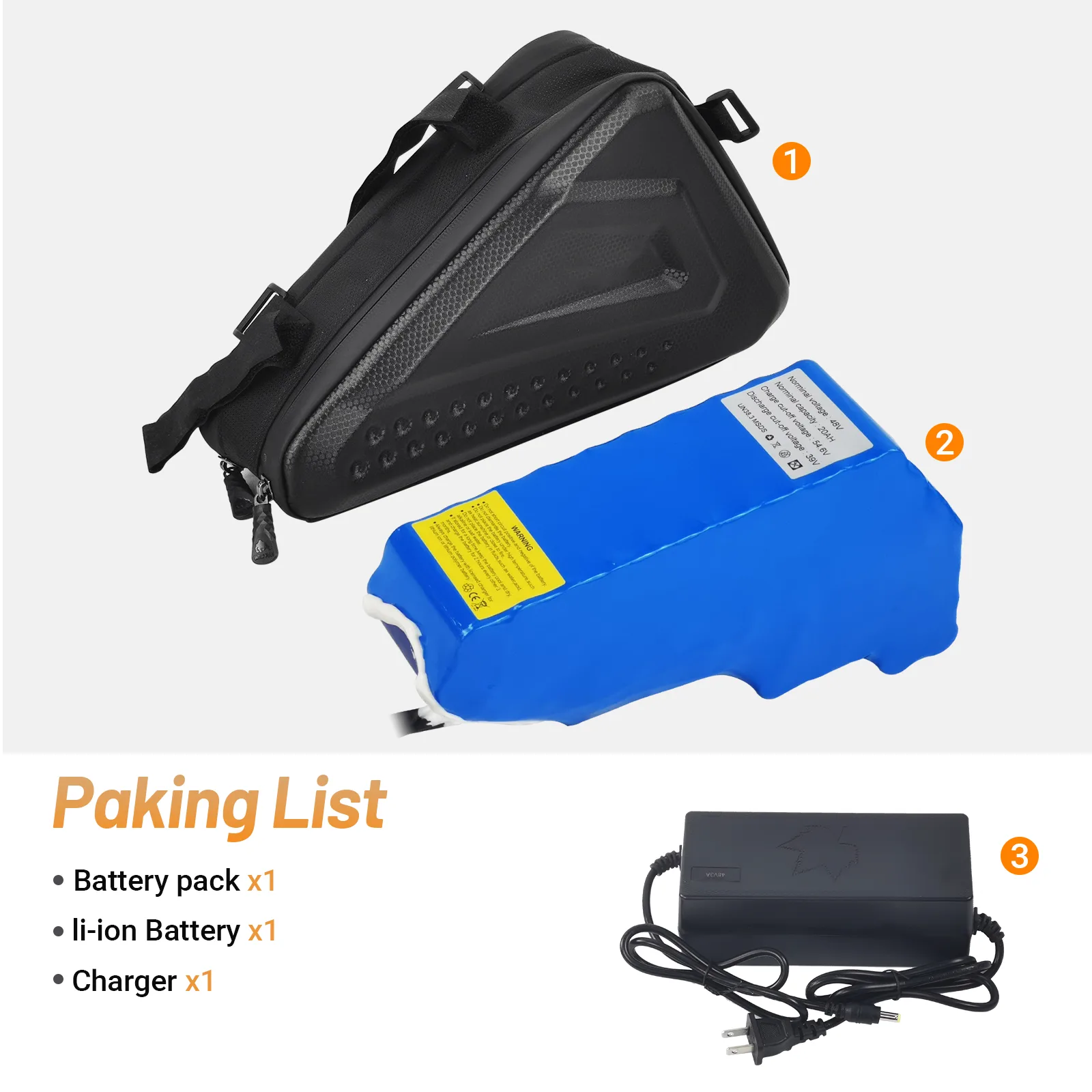 Bike battery pack, charger, and case set displayed.