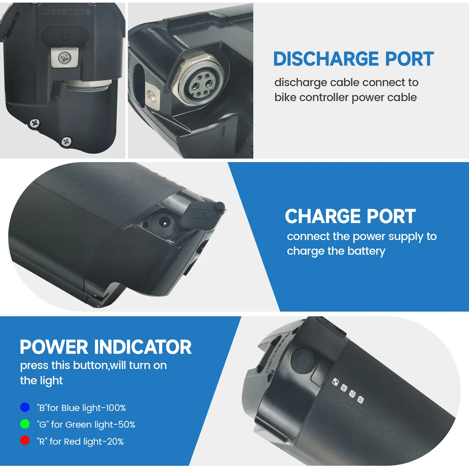 Bike battery ports and power indicator guide.