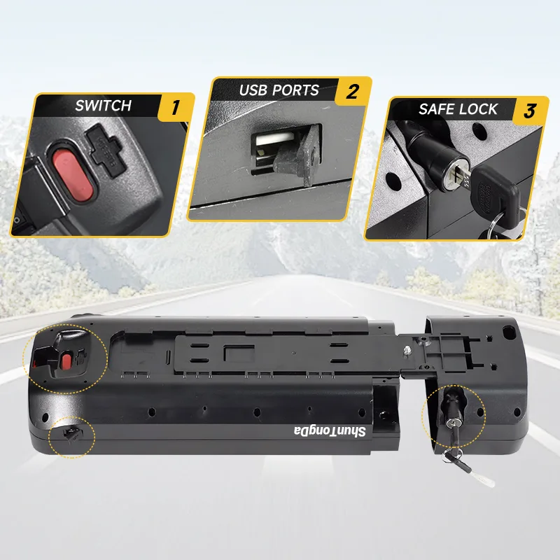 Electric bike battery with switch, USB, and lock features.