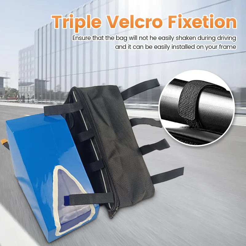 Bike bag with triple Velcro fixation on road.