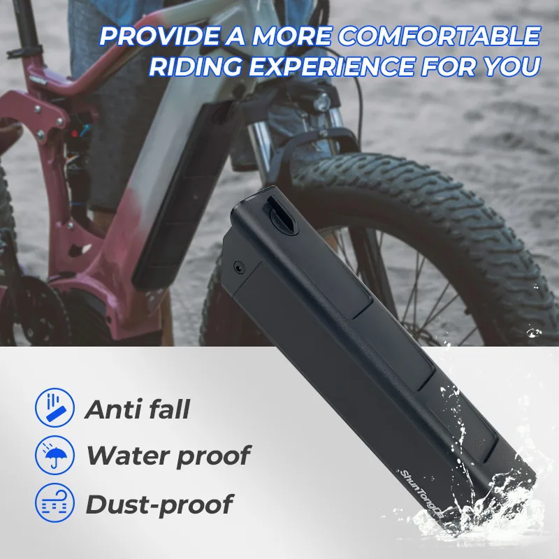 Electric bike battery, waterproof, anti-fall, dust-proof features.