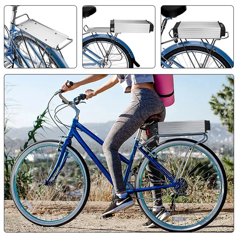 Woman riding electric bike with battery pack