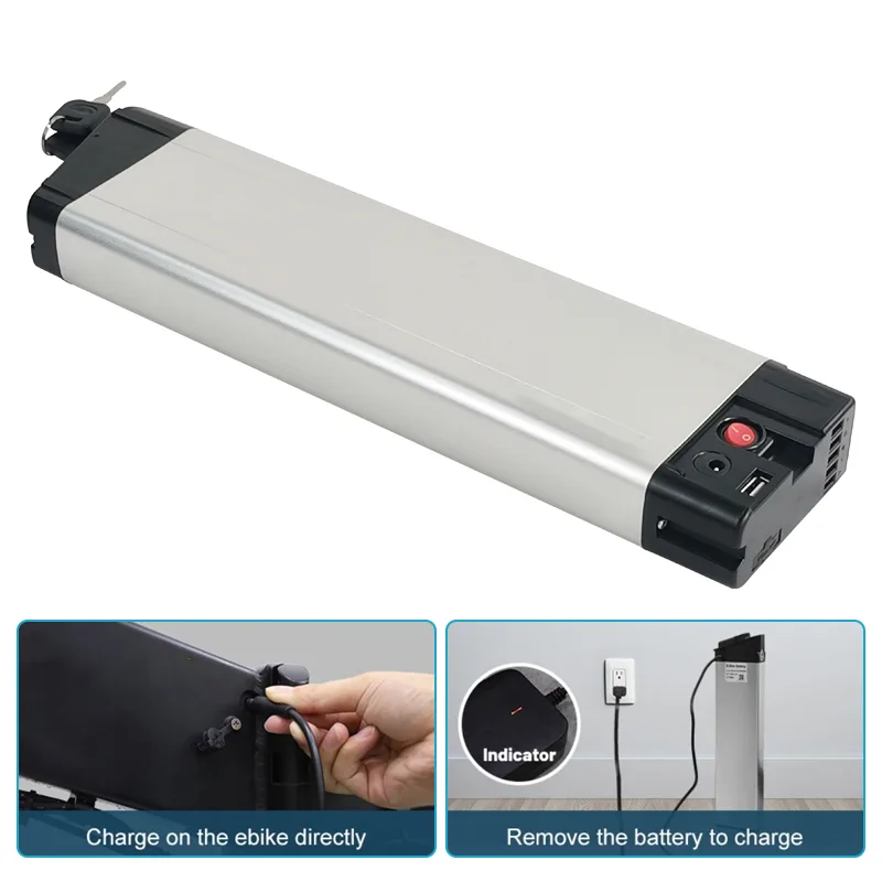 Ebike battery with charging options and indicator.